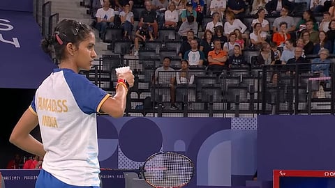 Indian para-shuttler Manisha Ramadass in action at Paris Paralympics 2024.